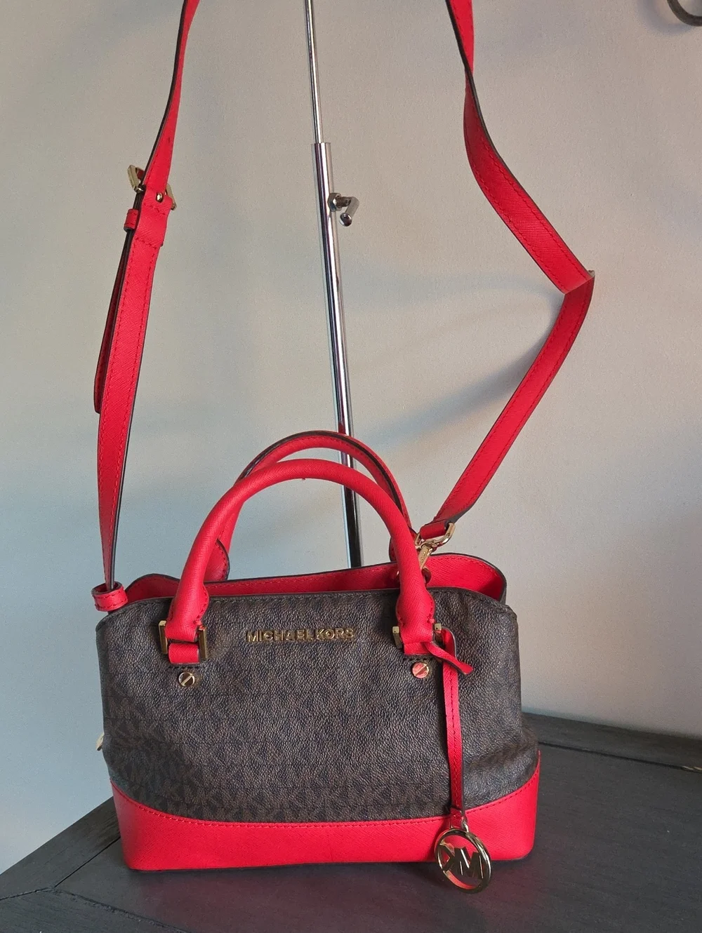 Michael Kors Savannah Small Satchel Brown Logo with Red Trim